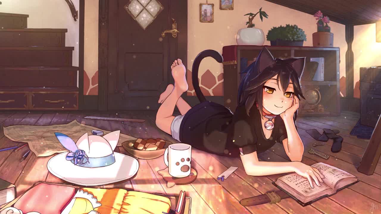 Neko Girl Lying Down Reading A Book HD Live Wallpaper For PC