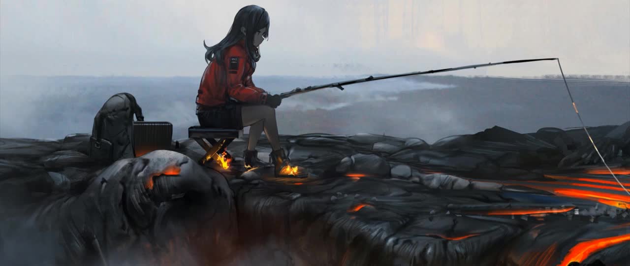 Anime Girl Fishing On Lava HD Live Wallpaper For PC