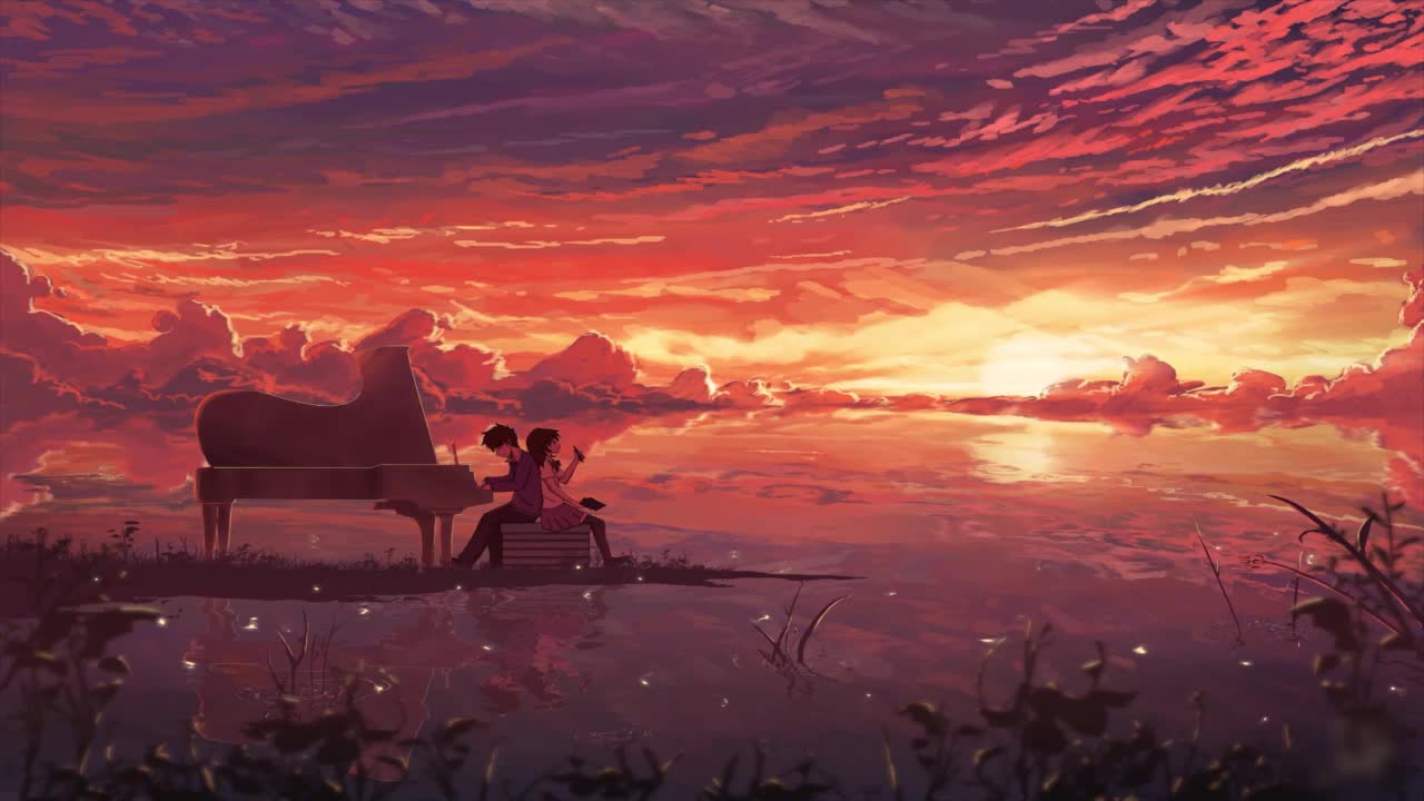 Anime Couple Playing The Piano And Watching The Sunset HD Live Wallpaper For PC