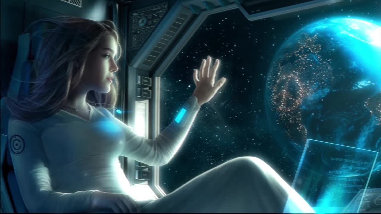 Girl Sitting In Space Station Looking At Planet Starfield HD Live Wallpaper For PC