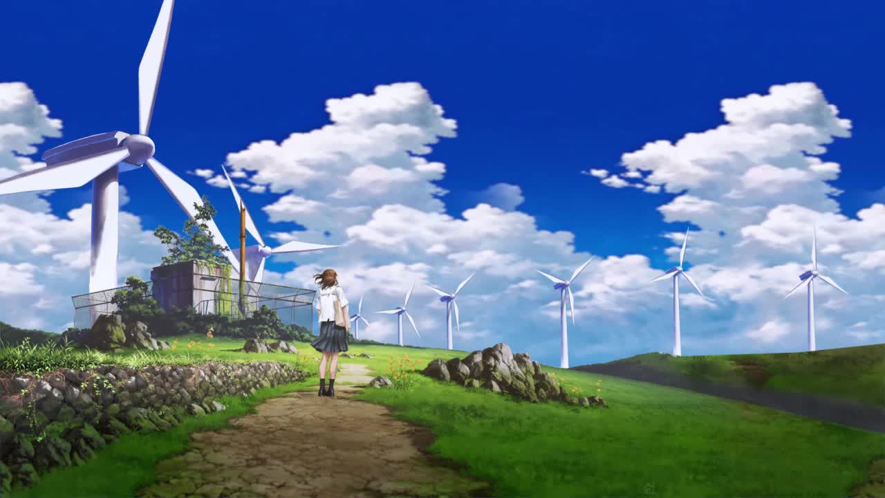 Anime Girl And Windmills HD Live Wallpaper For PC
