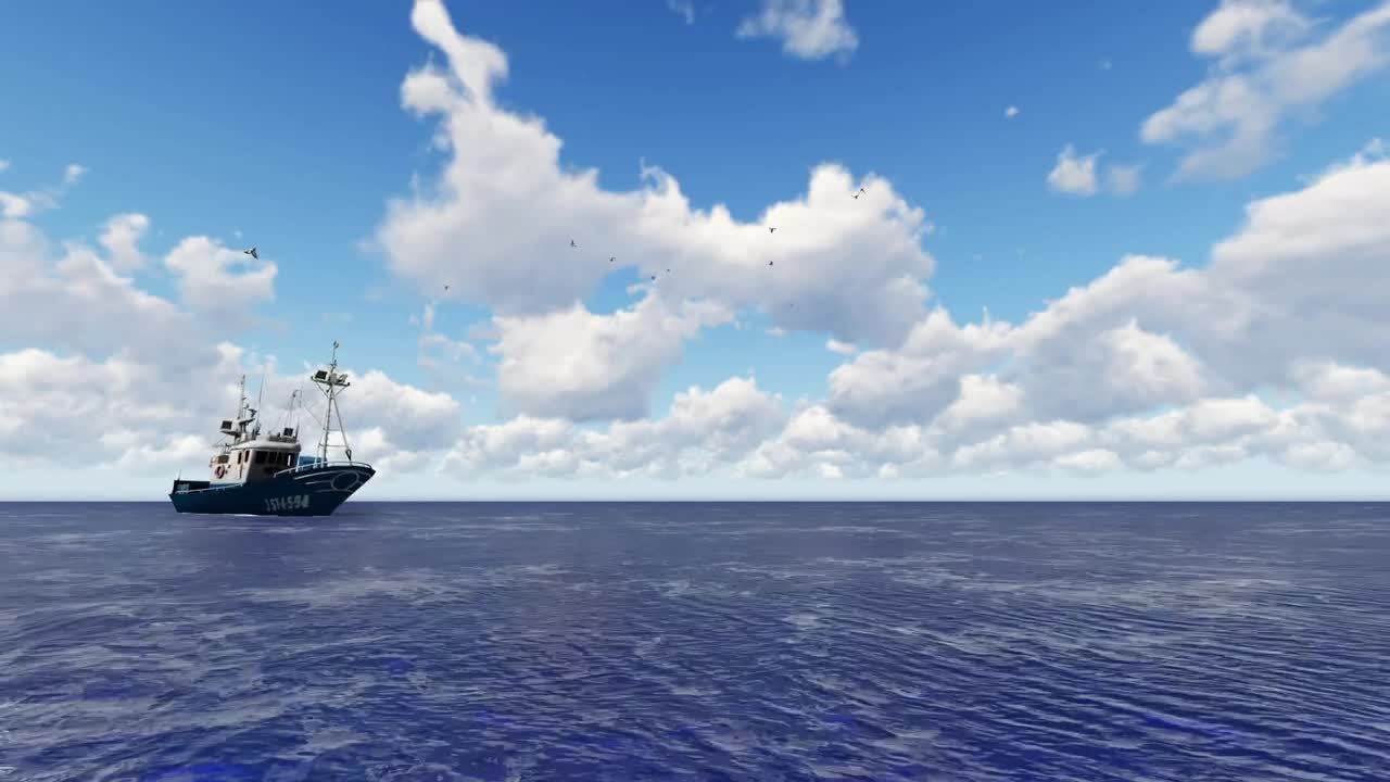 Stock Video 3d fishing boat sailing in the open sea under the PC Live Wallpaper