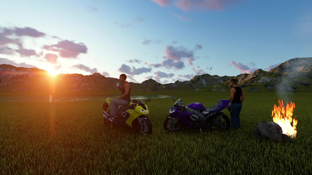 Stock Video 3d motorcyclists watching the sunset outside PC Live Wallpaper
