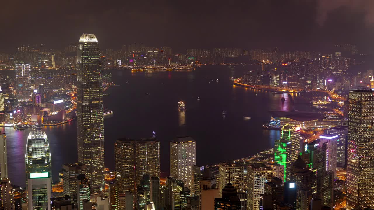 Stock Video Aerial Shot Of Hong Kong Harbor At Night Live Wallpaper for PC