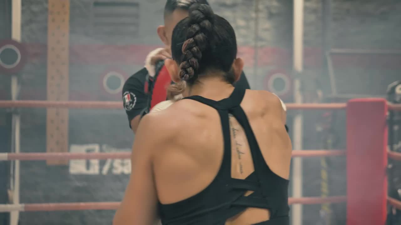 Stock Video Back View Of A Woman Doing Kickboxing With Her Coach Live Wallpaper For PC
