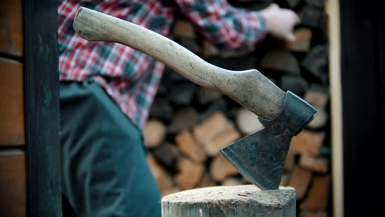 Stock Video Ax Stuck In A Log While A Lumberjack Works Live Wallpaper For PC