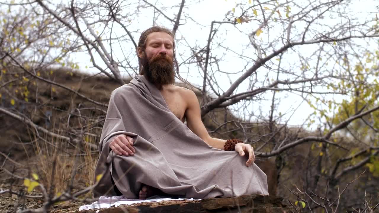 Stock Video Ascetic Yogi Sitting In Nature Meditating Live Wallpaper For PC