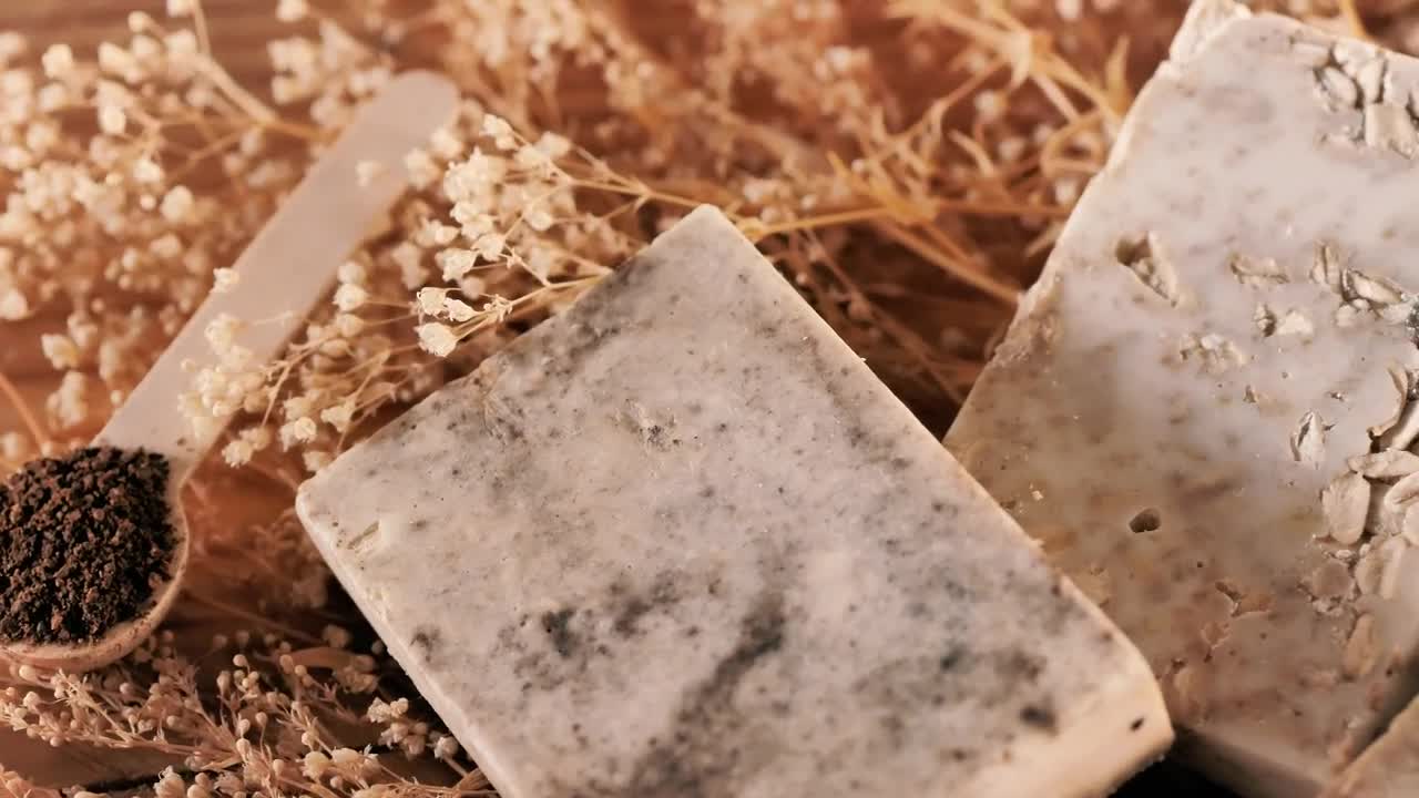 Stock Video Arrangement Of Handmade Oatmeal Soaps And Wooden Mixer Live Wallpaper For PC