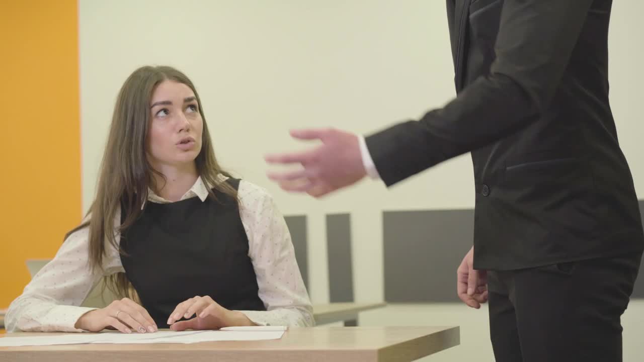 Stock Video Angry Businessman Yells At Woman And Points Out Mistakes Live Wallpaper For PC