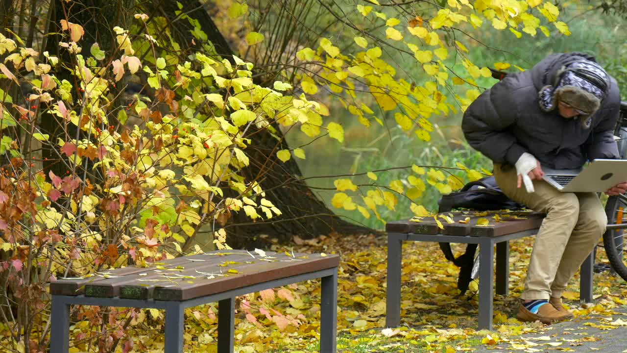 Stock Video A Young Man With A Laptop On A Park Bench Live Wallpaper For PC