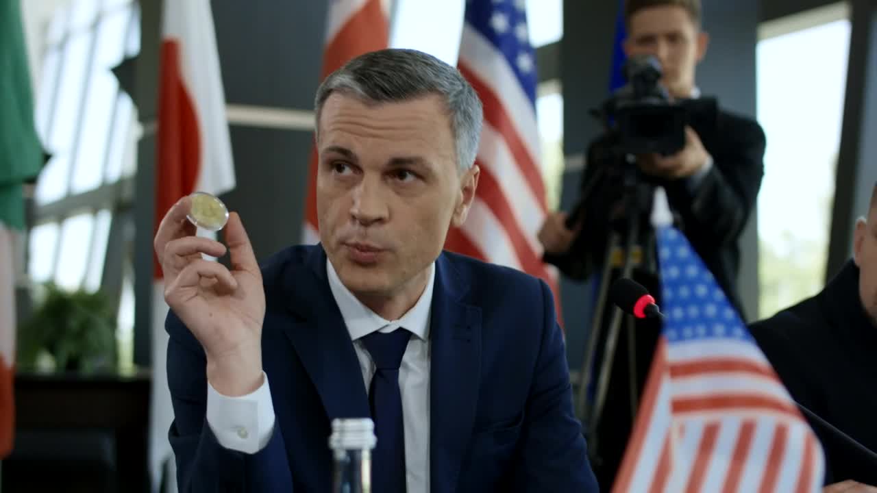 Stock Video A Man Holding A Bitcoin In A Conference Live Wallpaper For PC