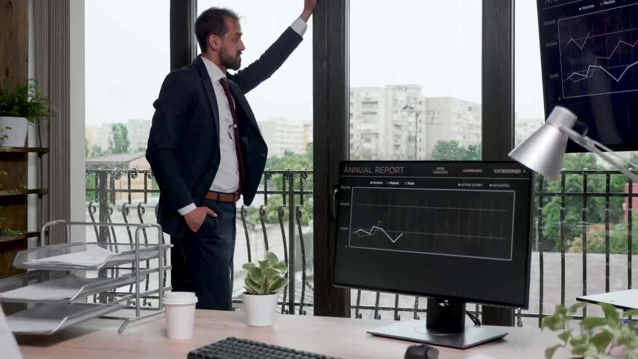 Stock Video Business Man In Suit Thinking And Looking Out Window Live Wallpaper For PC