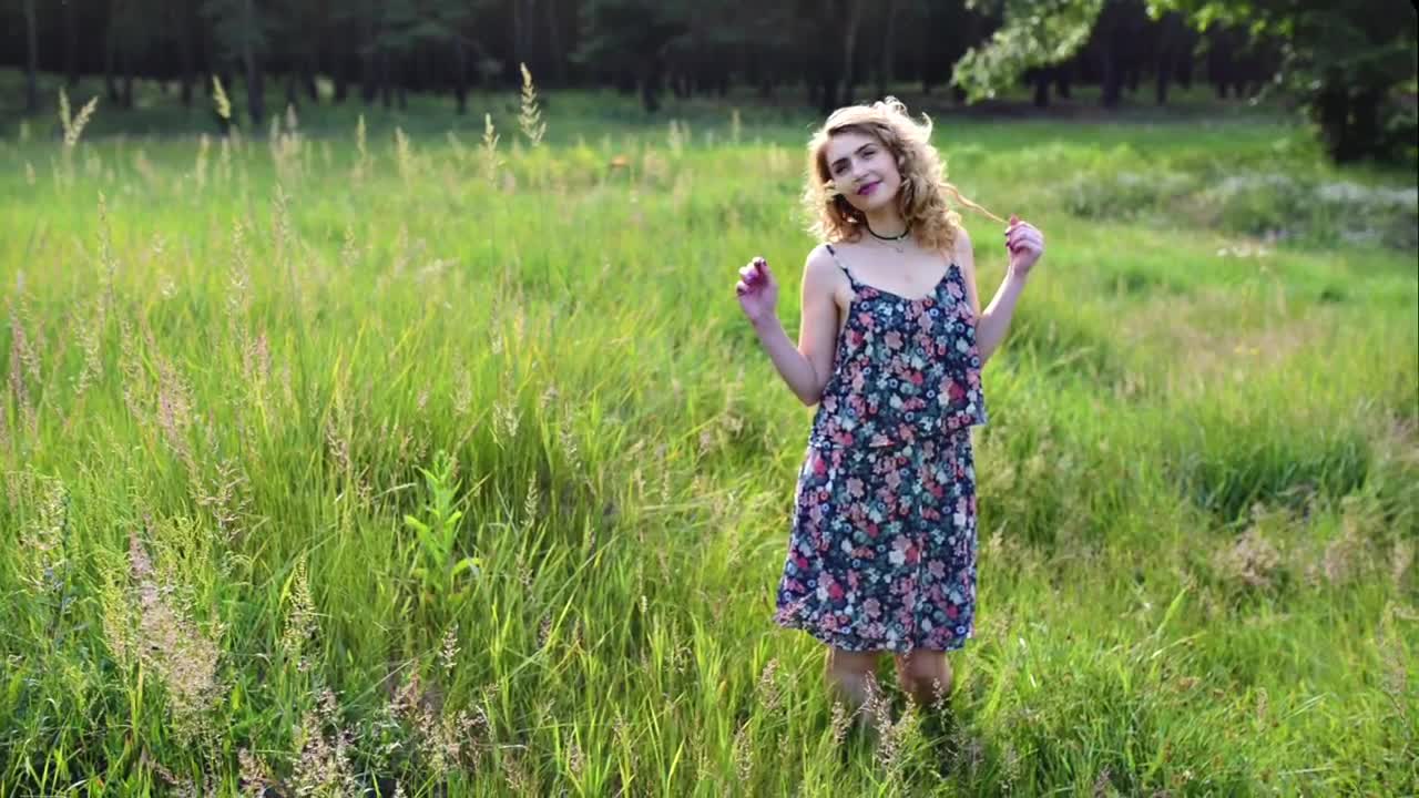 Stock Video Blond Woman In Blue Dress On Meadow Live Wallpaper For PC