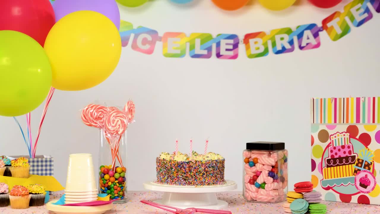 Stock Video Birthday Party Table With Balloons Falling Live Wallpaper For PC