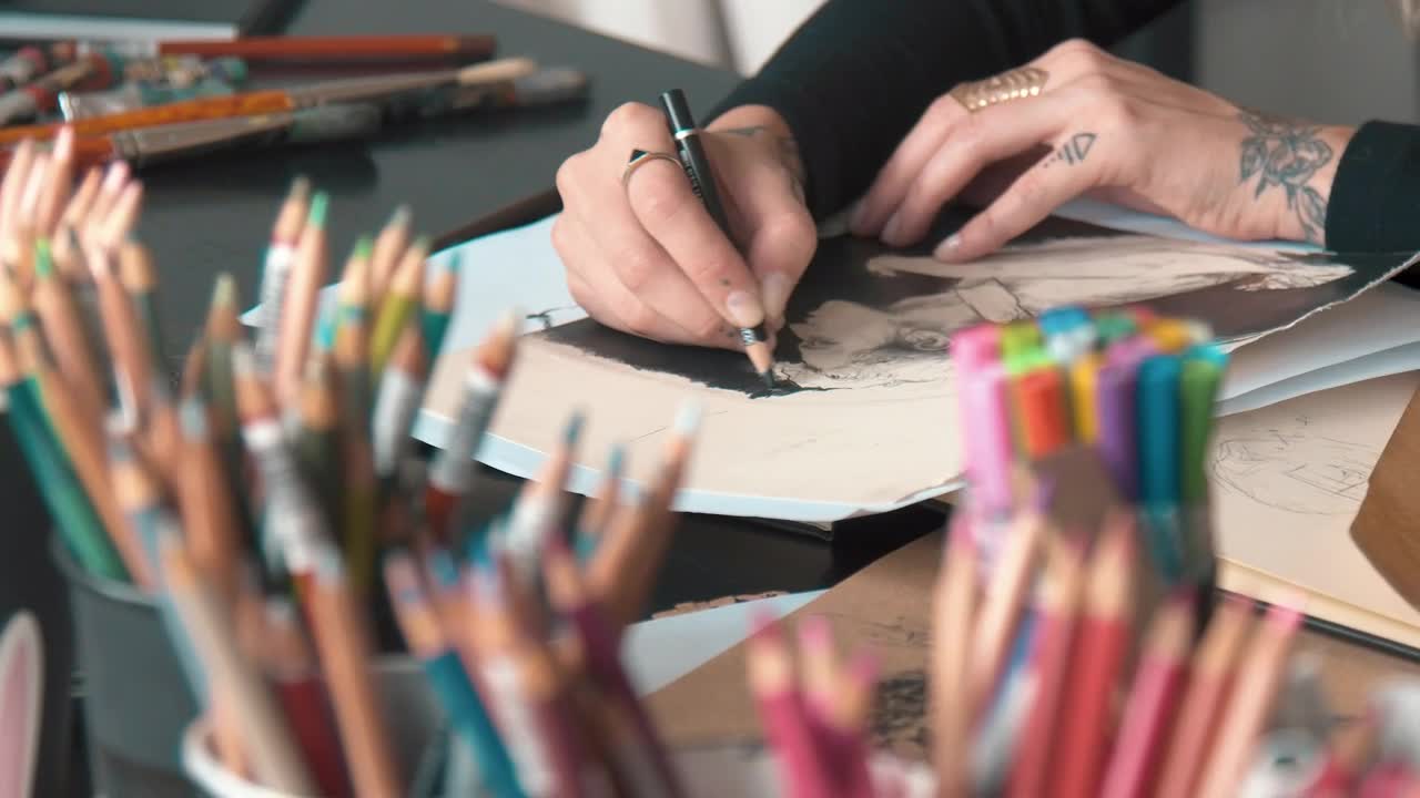 Video Stock Closeup Of Graphic Designer Sketching On Desk In Studio Live Wallpaper For PC