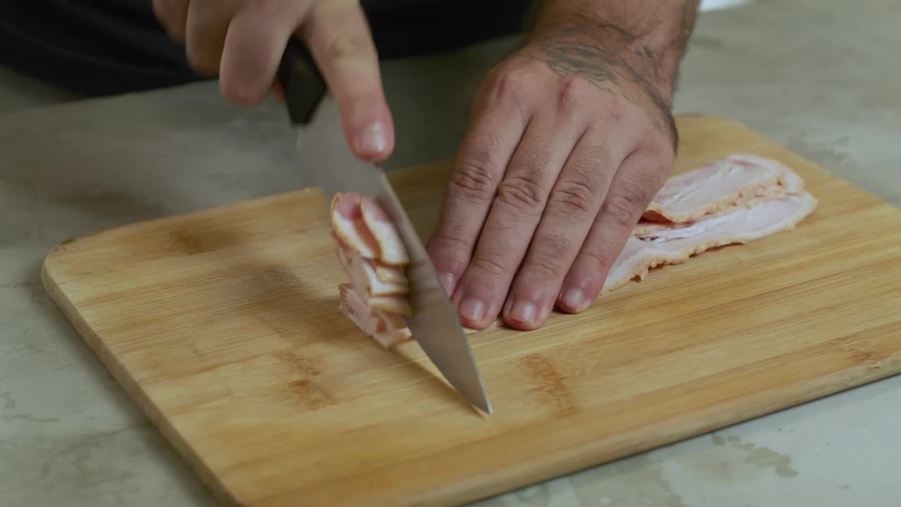 Video Stock Chef Chopping Bacon On A Board Live Wallpaper For PC