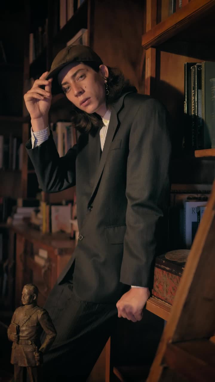 Video Stock Captivating Model With Old Fashion Style In A Bookstore Live Wallpaper For PC