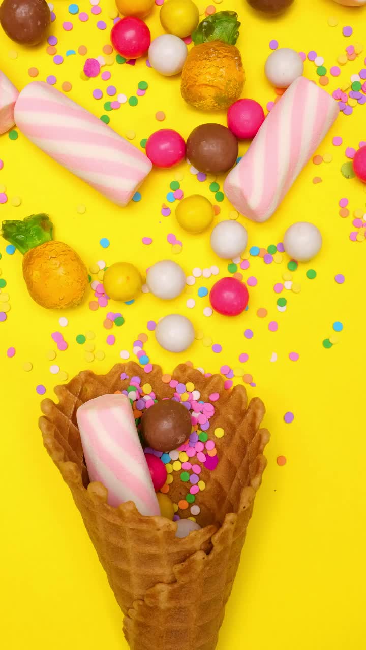 Video Stock Candies In A Waffle Cone On A Yellow Background Live Wallpaper For PC