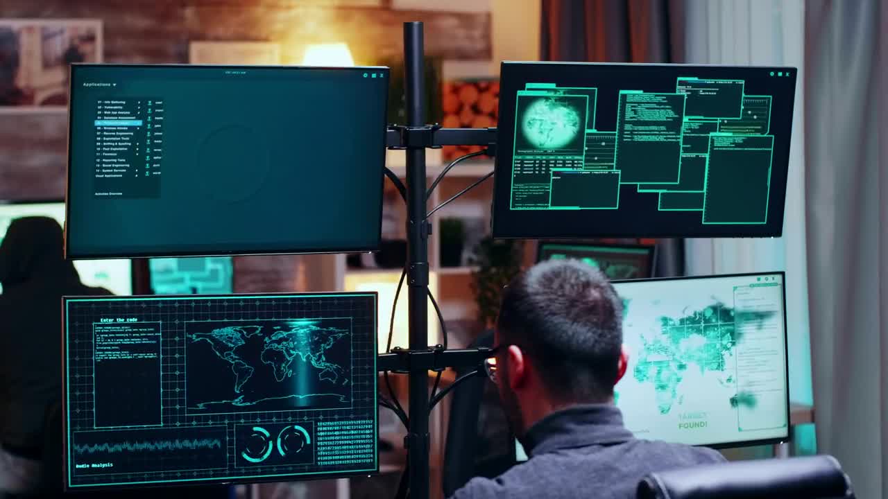 Video Stock Busy Hackers Talk Between Data Visualisations On Monitors Live Wallpaper For PC