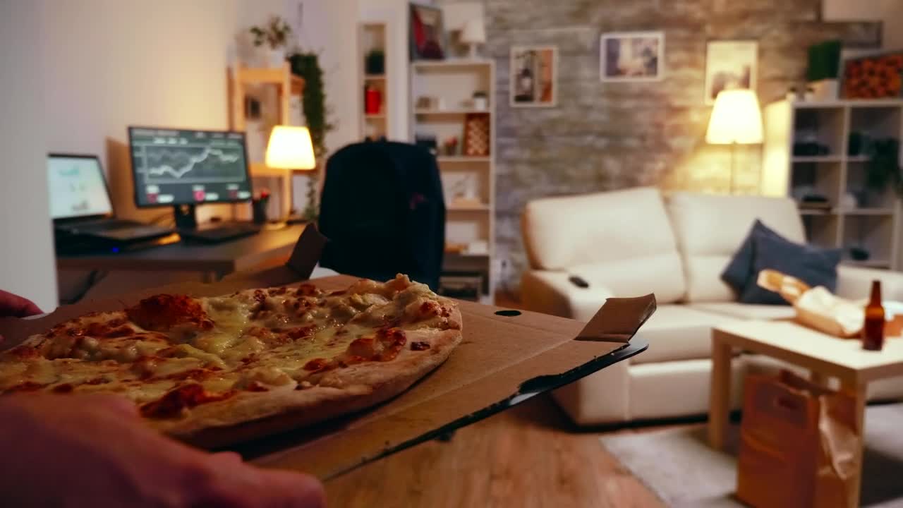 Video Stock Businessman Sitting Down With A Takeaway Pizza Live Wallpaper For PC