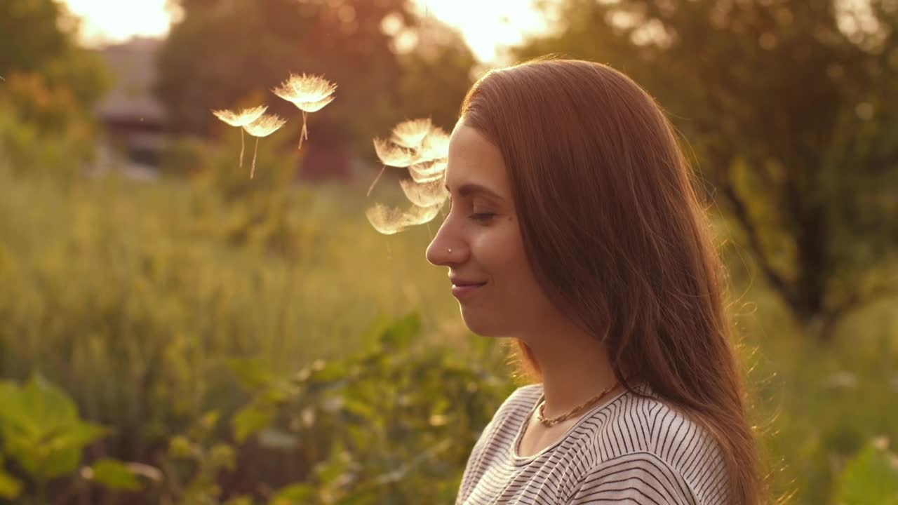 Stock Video Dandelion Seeds Fall On The Face Of A Happy Woman Live Wallpaper For PC