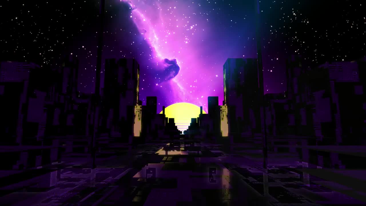 Stock Video Cyberpunk Virtual City At Night With Galaxy In The Background Live Wallpaper For PC