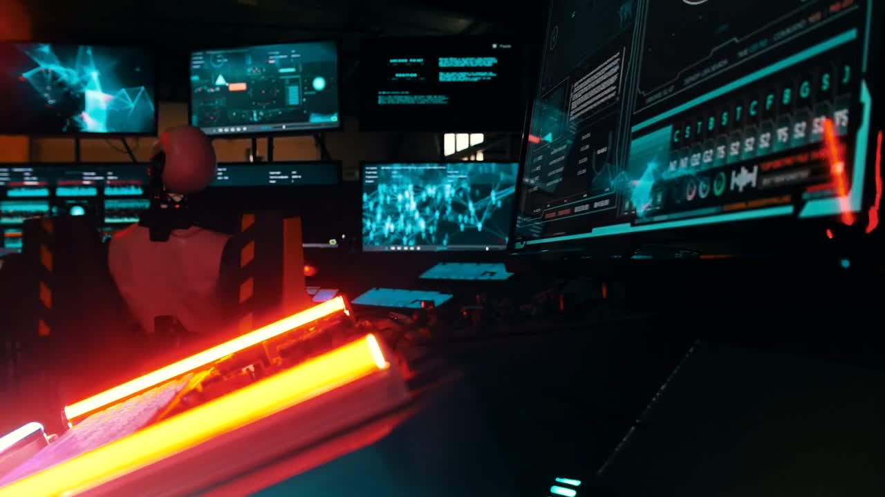 Stock Video Cyberpunk Robot In A Data Center Looking At Monitors Live Wallpaper For PC