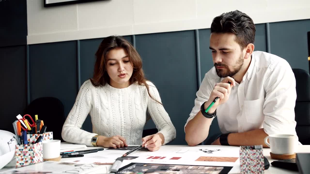 Stock Video Creative Woman Presents Interior Design To Client Live Wallpaper For PC