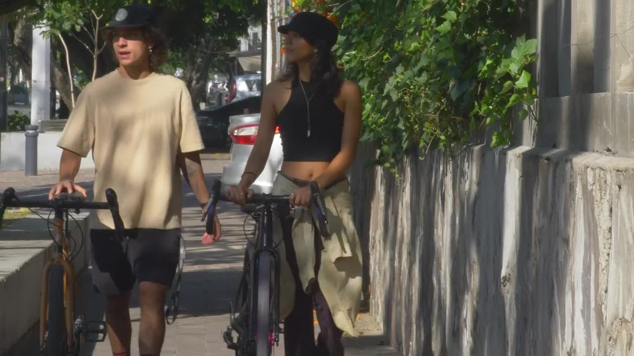 Stock Video Couple Walking With Bicycles On The Sidewalk Live Wallpaper For PC