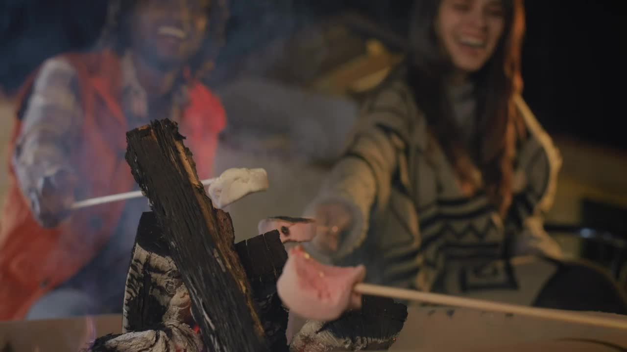 Stock Video Couple Of Friends Burning Marshmallows Over A Campfire Live Wallpaper For PC