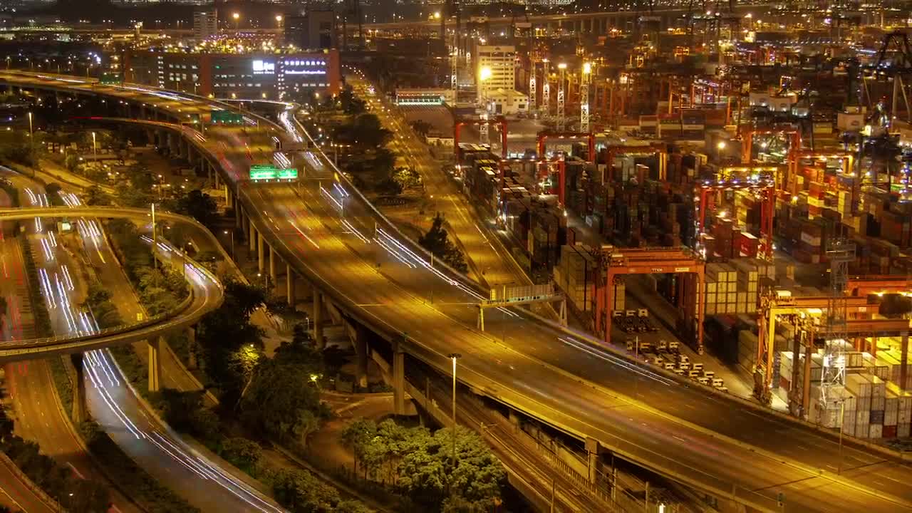 Stock Video Container Port And Hong Kong Highway At Night Live Wallpaper For PC