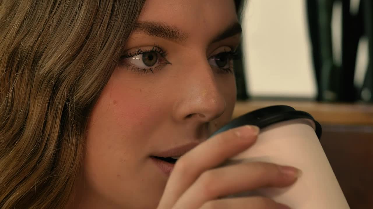 Stock Video Face Of A Young Woman Chatting And Drinking Coffee Live Wallpaper For PC