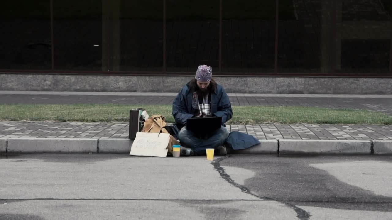 Stock Video Excited Homeless Man With Laptop Live Wallpaper For PC