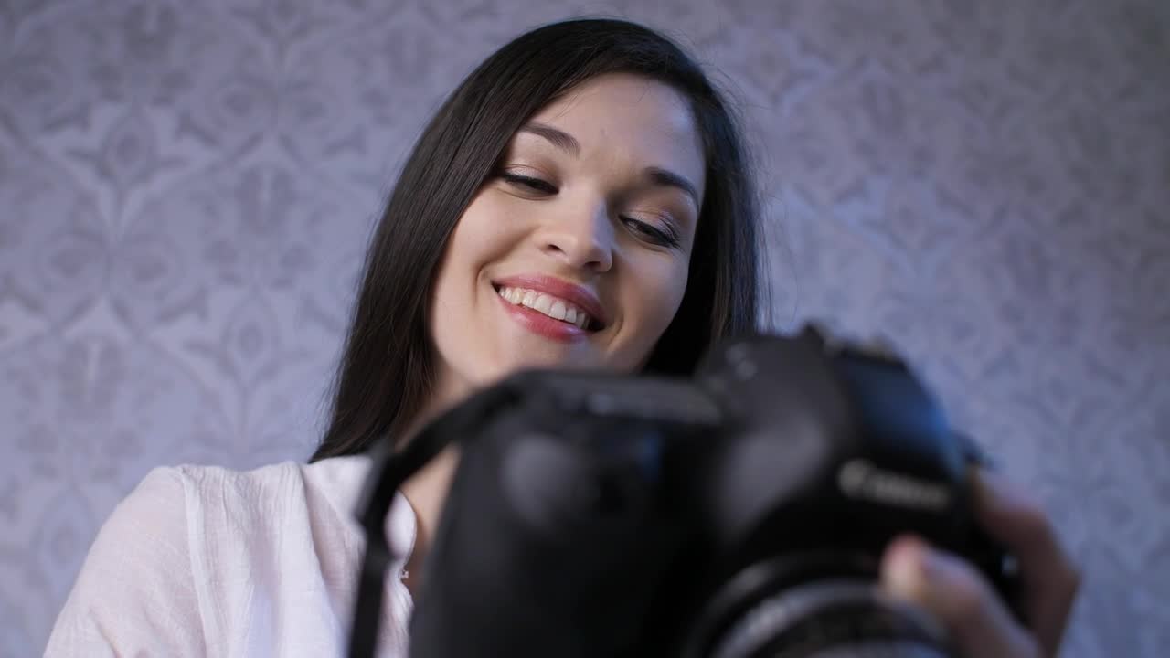 Stock Video Excited And Happy Woman Watching Photos Live Wallpaper For PC