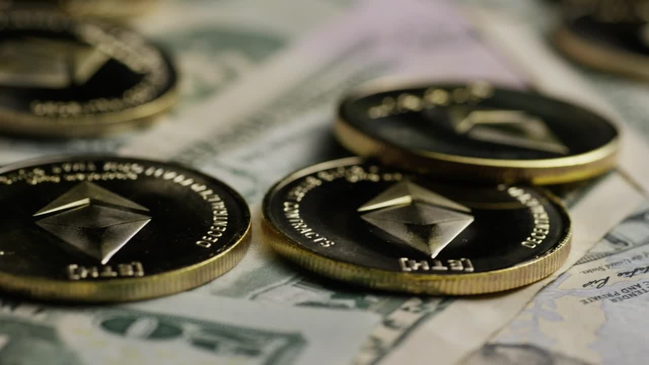 Stock Video Ethereum Golden Coins Over Dollar Bills Live Wallpaper For PC
