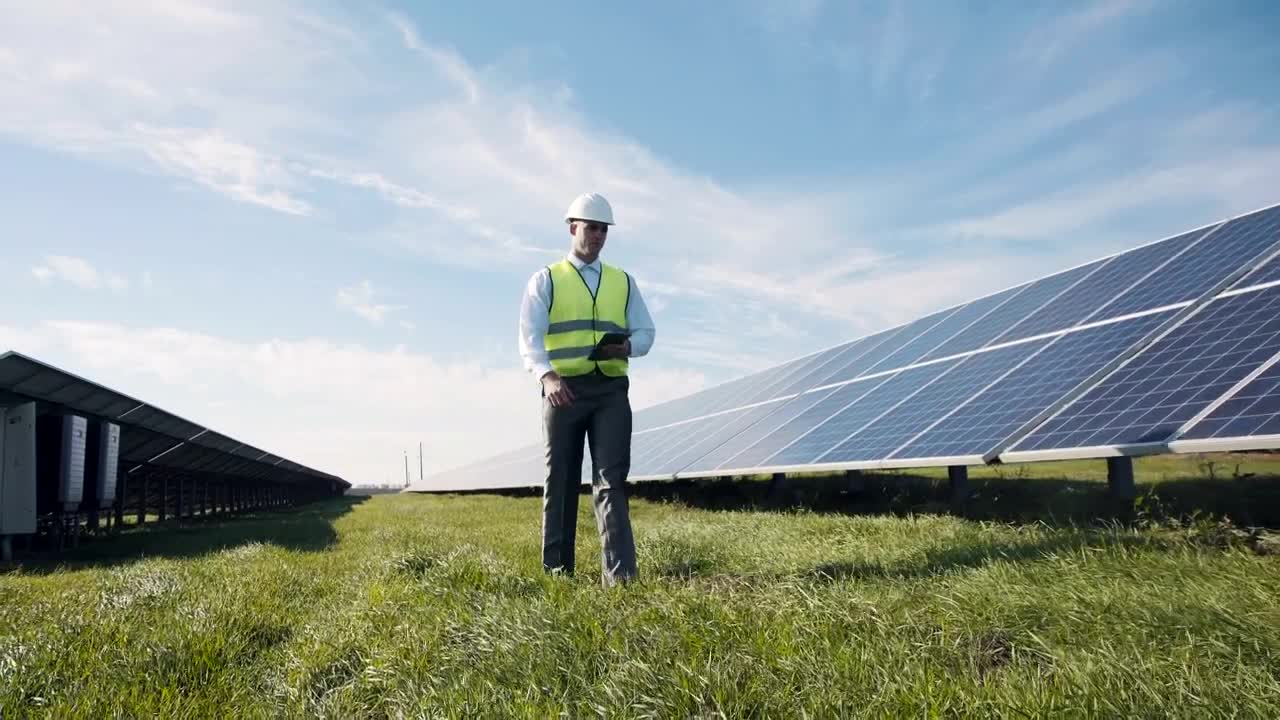 Stock Video Engineer Walking Through A Field With Solar Panels Live Wallpaper For PC
