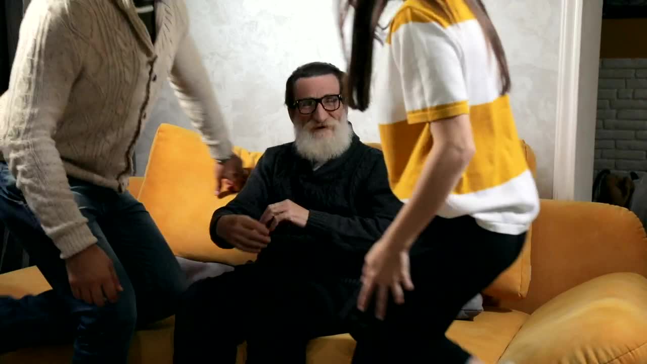 Stock Video Elderly Man Takes Selfie With Grandchildren On Sofa Live Wallpaper For PC