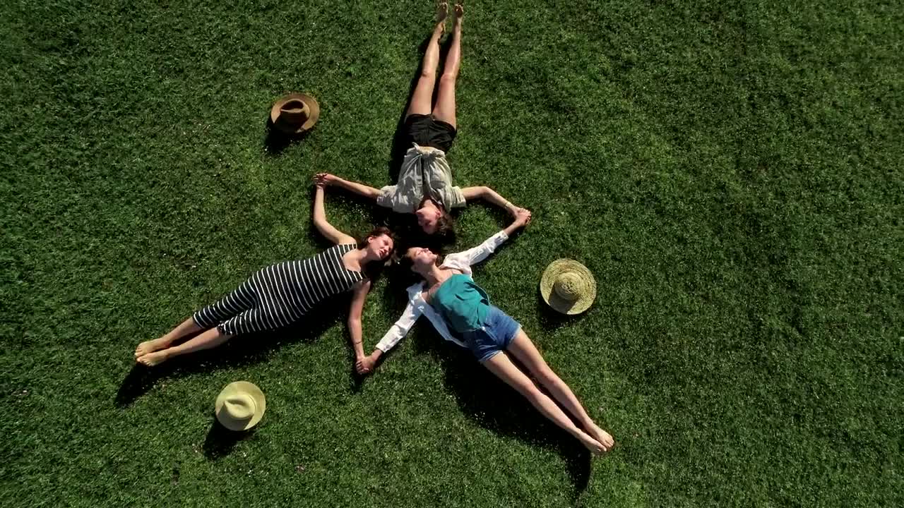 Stock Video Drone View Of Girls Lying On Grass In Star Pattern Live Wallpaper For PC