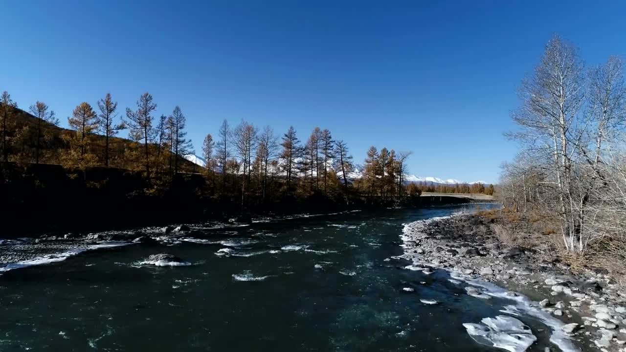 Stock Video Drone Flying Over Winter River Towards Mountains Live Wallpaper For PC