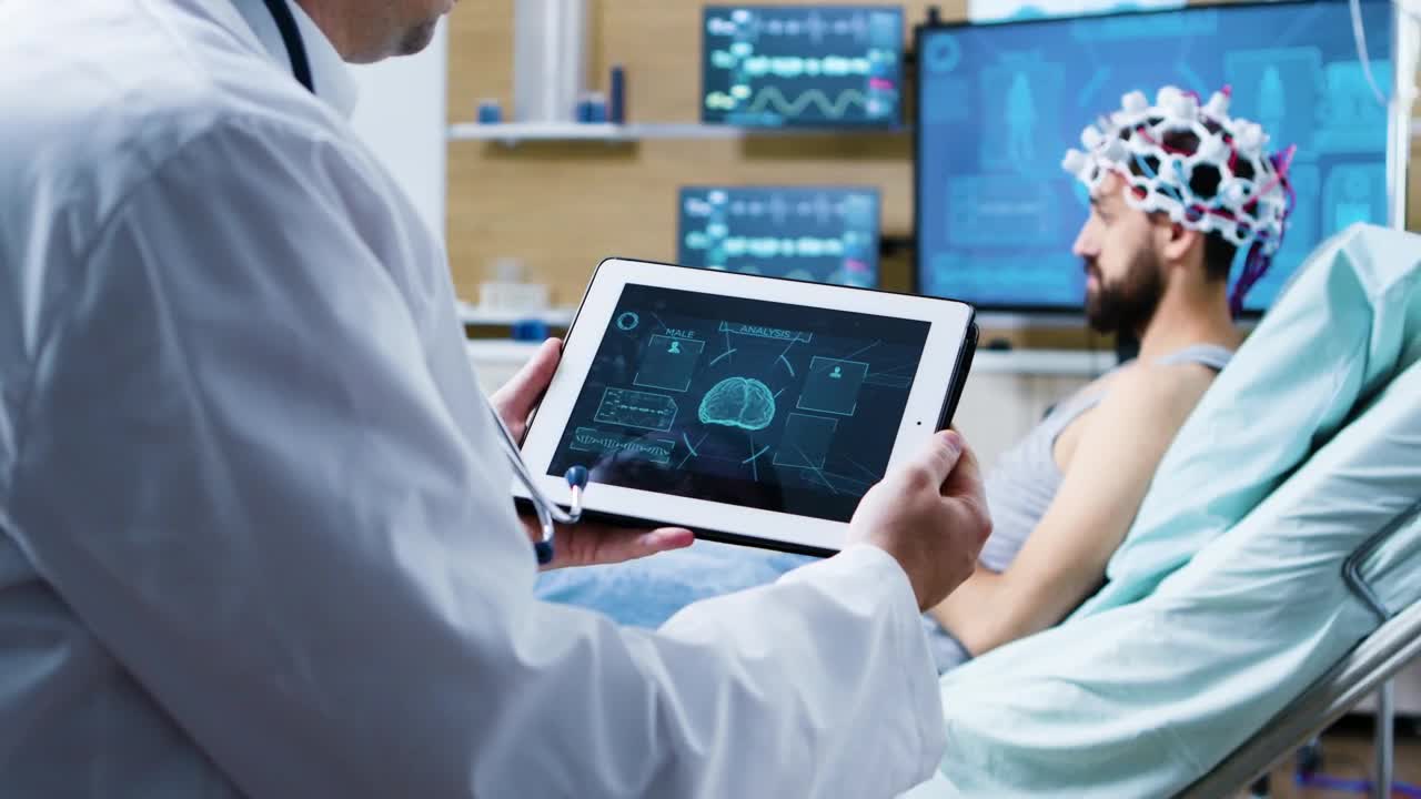 Stock Video Doctor Views D Brain Scan On Tablet In Modern Clinic Live Wallpaper For PC