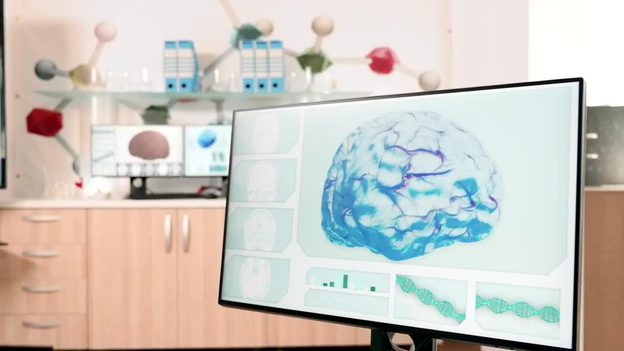 Stock Video Doctor Studies Dna Models In Futuristic Medical Office Live Wallpaper For PC