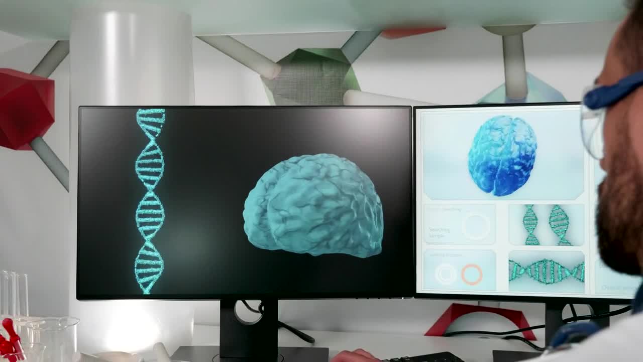 Stock Video Doctor Looks At Dna Model In Modern Research Lab Live Wallpaper For PC