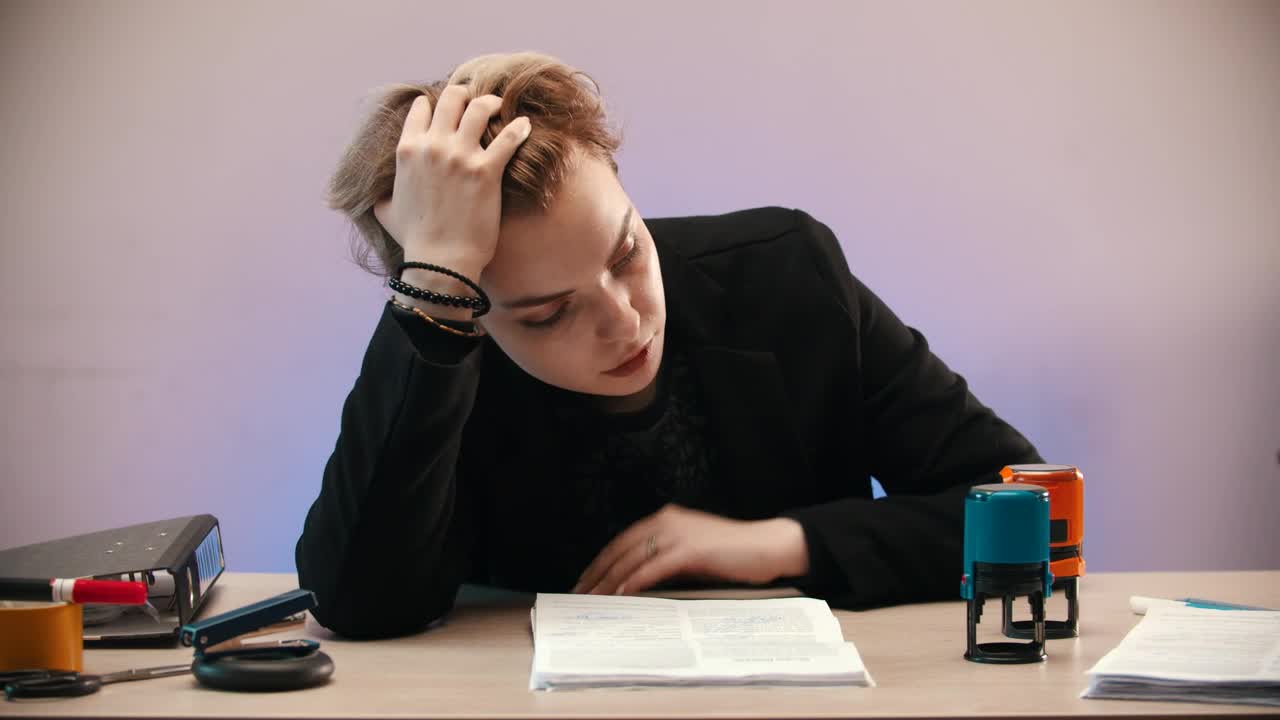 Stock Video Discouraged Woman Sealing Sheets In Her Office Live Wallpaper For PC