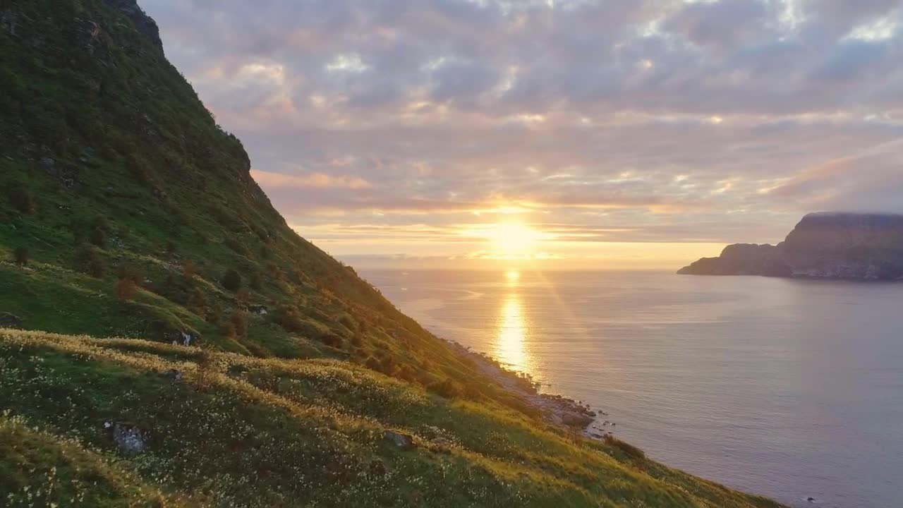 Stock Video Flyover Lush Spring Hillside Toward Sunset On Sea Live Wallpaper For PC