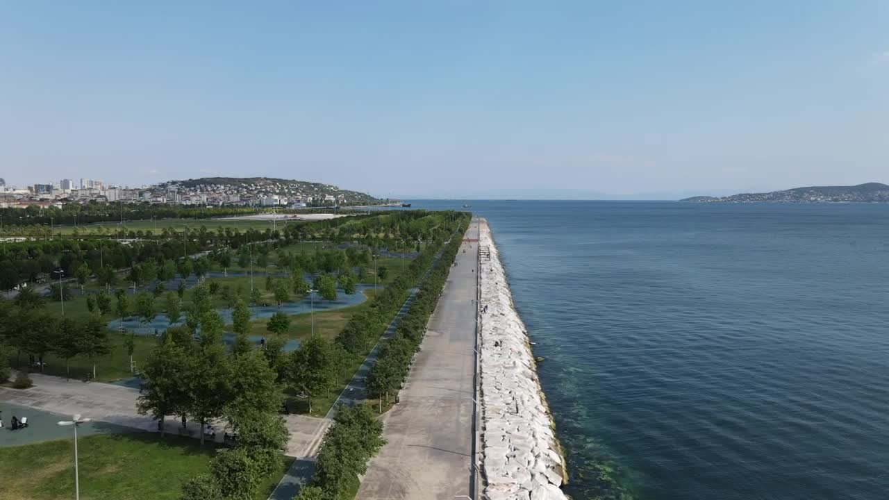 Stock Video Flying Over A Coast With A Park On A Sunny Live Wallpaper For PC