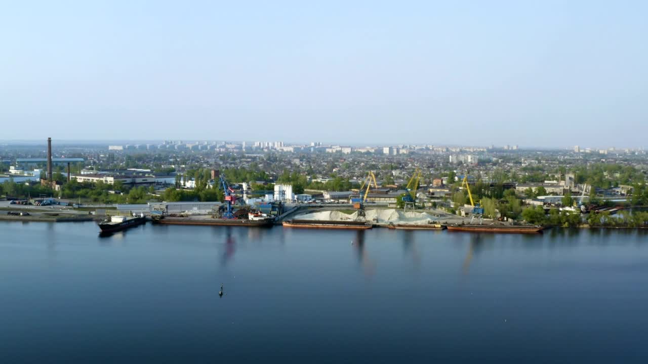 Stock Video Flying Above The Industrial Port With Cranes Live Wallpaper For PC