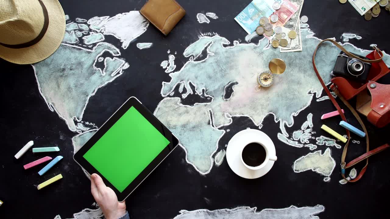 Stock Video Flatlay Of Money Travel Items And Hand Swiping Tablet Live Wallpaper For PC