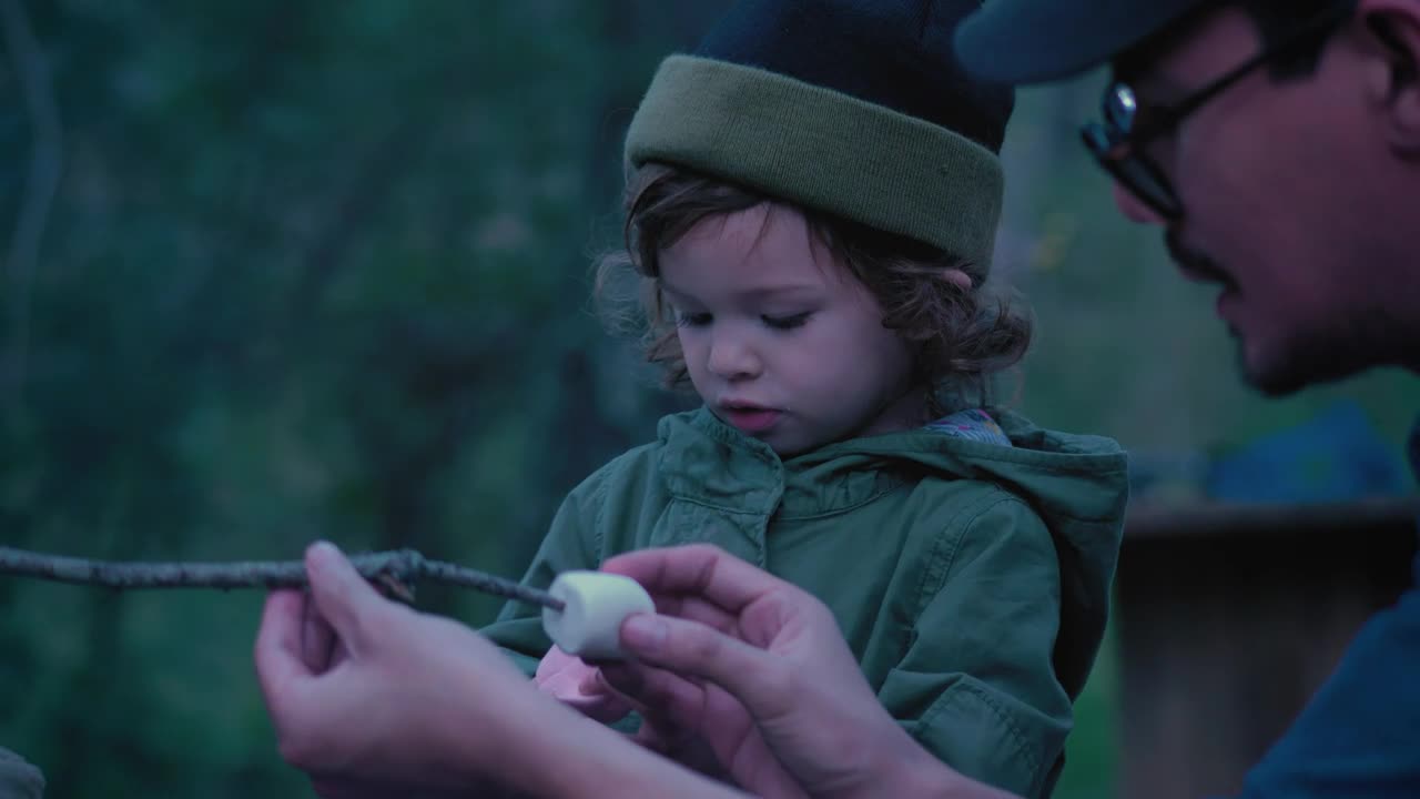 Stock Video Father And Daughter Placing Marshmallows On A Branch Outdoors Live Wallpaper For PC