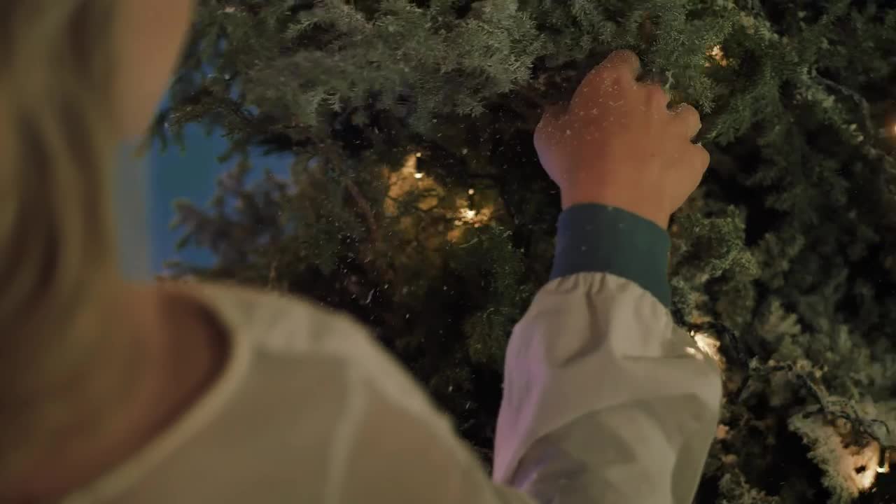 Stock Video Hand Of A Girl Touching A Snowy Christmas Tree Live Wallpaper For PC