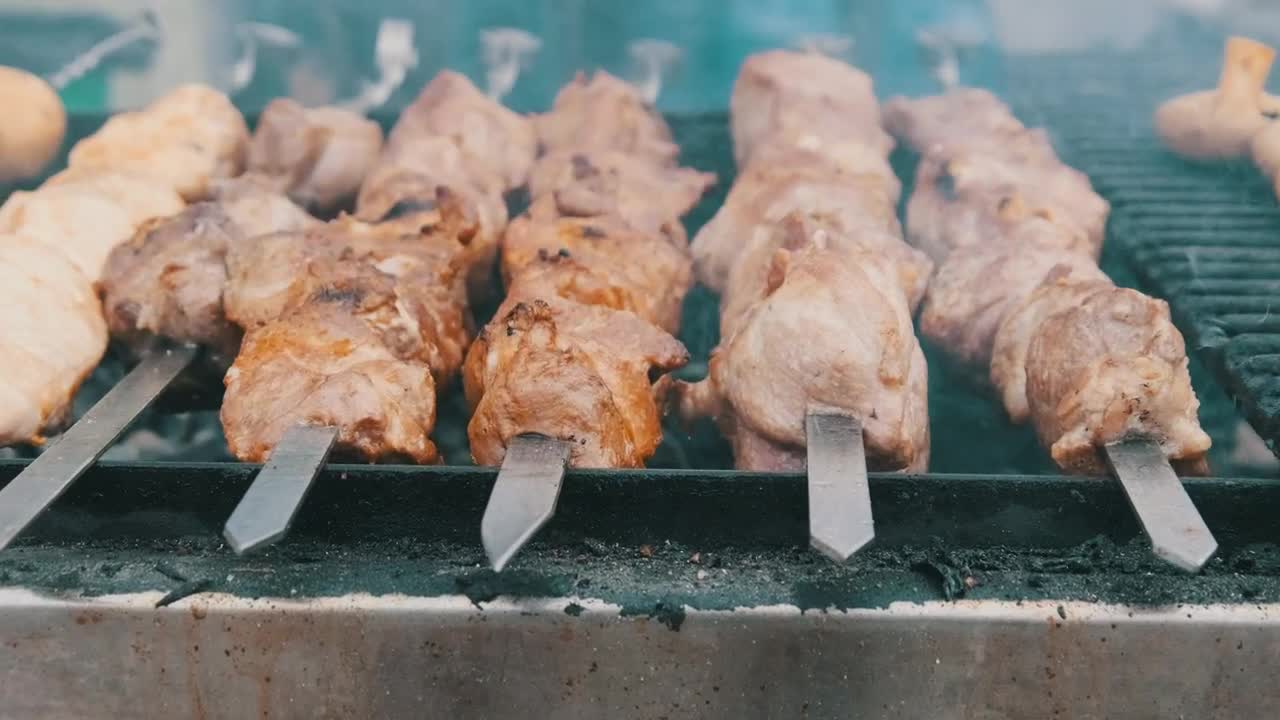 Stock Video Grilled Meat Skewers Close Up Live Wallpaper For PC